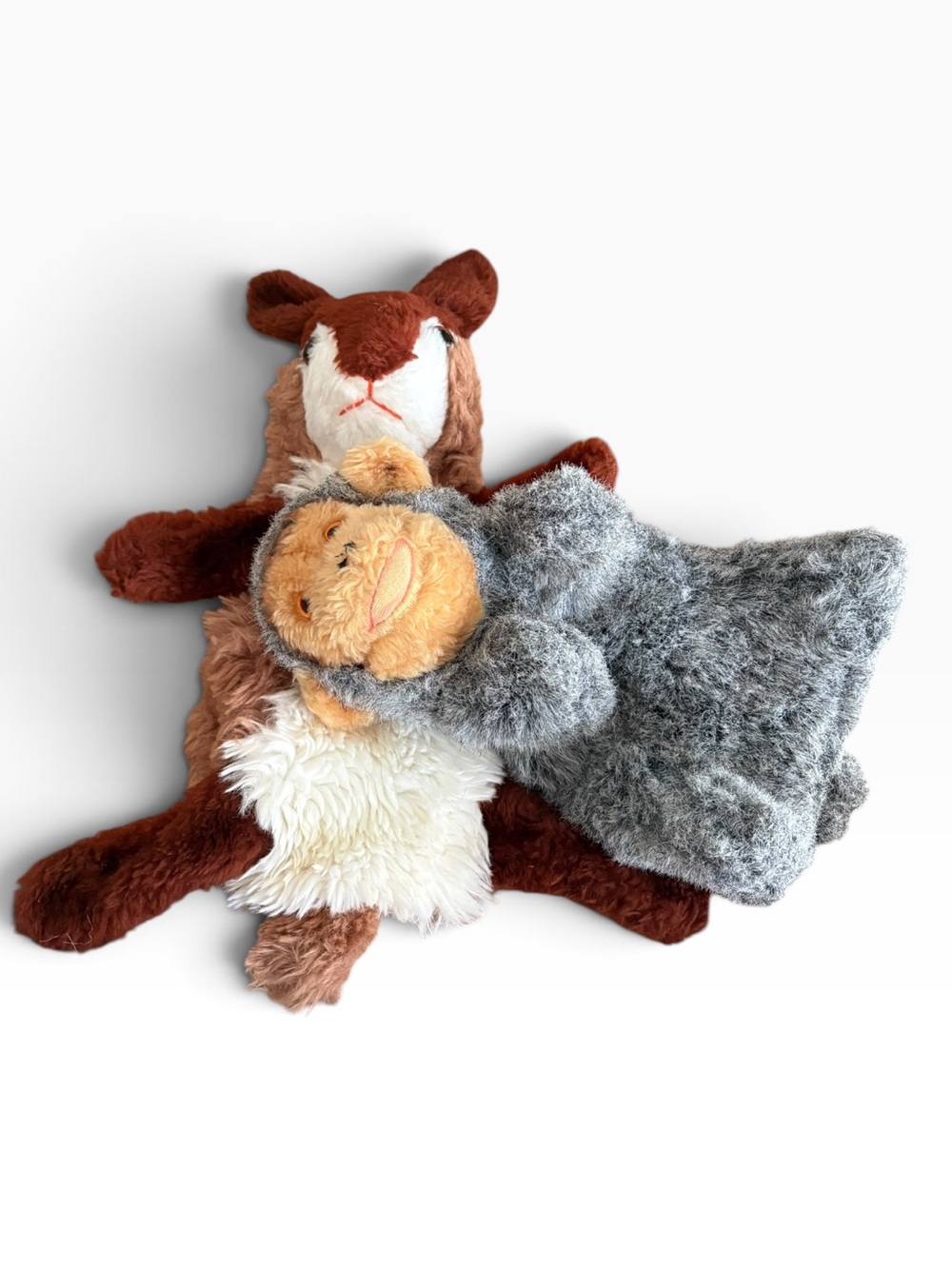 Set of 2 Vintage Plush Hand Puppets - Brown Rabbit  & Grey Monkey Clean